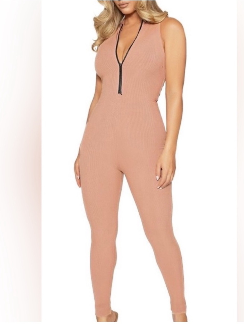 Naked Wardrobe Ribbed Zip Front Jumpsuit Cocoa Brown Bodycon Catsuit NWOT S